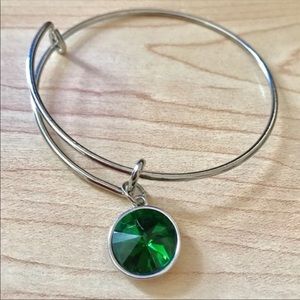 Adjustable Silver Bangle Bracelet With Green Charm